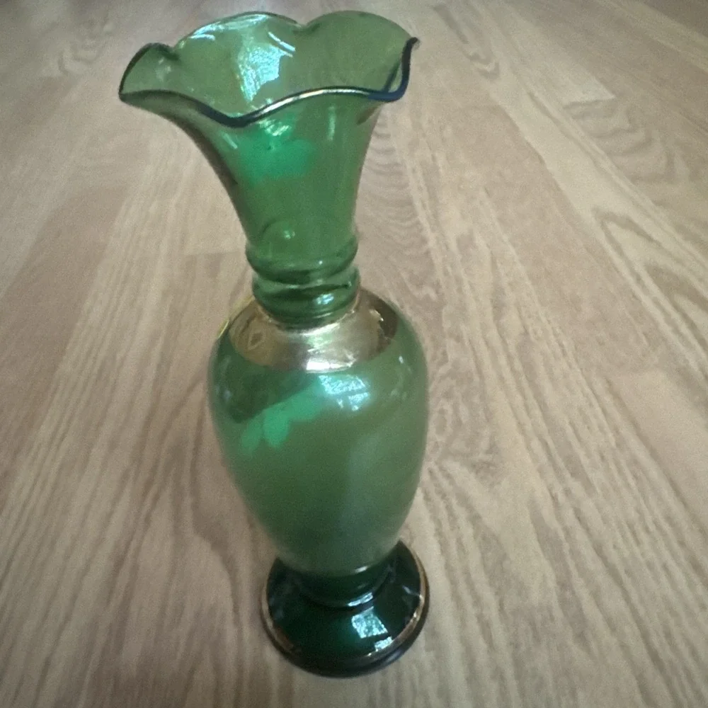 Enesco Bohemian Glass Vase Hand Painted Enamel Flowers Gilded 8 Inches VTG 1960s